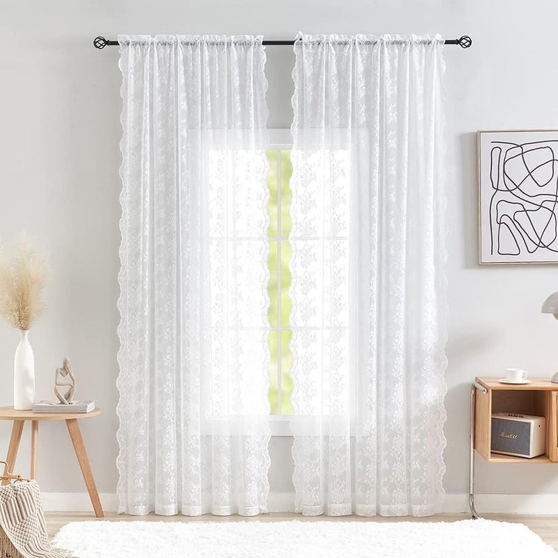 YJ YANJUN White Lace Curtains 102 inch Long 2 Panels Cottagecore Vibe Floral Sheer Curtains for Bedroom Sliding Glass Door Light Filtering Bohemian Farmhouse Country Decor W52 X L102 - Image 2